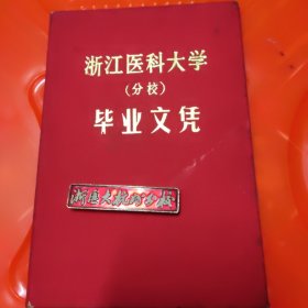 浙江医科大学杭州分校（校徽）1只，1985年毕业文凭1件，共2件