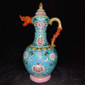 旧藏清雍正年制珐琅彩手绘富贵花龙凤鎏金壶