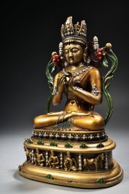珍品旧藏收纯铜全铜高浮雕錾刻彩绘描金五方佛弥勒佛佛像一尊 工艺精湛 造像精美 重1500克 高26厘米 宽15厘米 255536