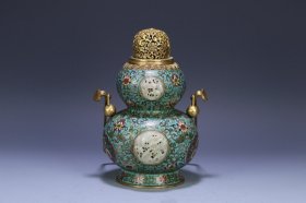 清 乾隆年制 景泰蓝镶和田玉提梁葫芦瓶，尺寸28.5*15.5厘米，重1940克