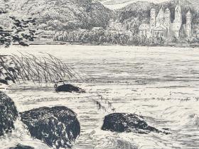 1891年 原创蚀刻凹版画《莱茵河畔之火山口湖》-德国画家、版画家、雕版师 波恩哈德・曼菲尔德(Bernhard Mannfeld)作品、纸张尺寸39x29cm