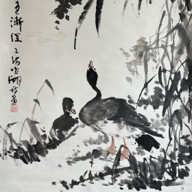 大幅，日本女画家名手奥原晴湖作品，写意芦雁图，大幅，纸本绫裱木质轴头，带木盒，画心132.3*66.1。盒252