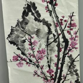 无款花鸟画，国画：约90年代南京流出，花鸟画、35X85 厘米，梅花之红