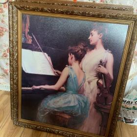 欧式喷绘仿真油画工艺品装饰画（弹钢琴的美女）带画框竖挂