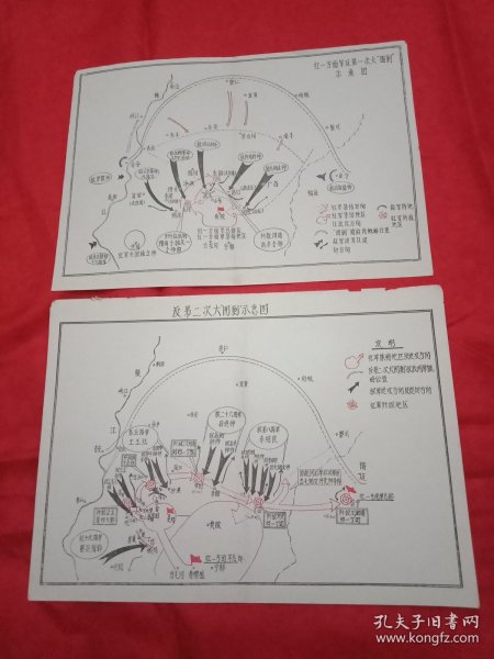 中国工农红军两次反围剿示意图(六十年代版老地图，单面彩色印制；全套2幅，均为25×18厘米；源于革命历史教科书，是学习革命历史的重要参考资料)