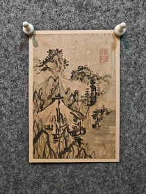 古筆山水小品，【池大雅】 1723 - 1776（享保八〜安永五）54歲。原姓池 野，名勤、亮、耕、無名，字公敏，又字子職、貸成.戴成， 號大雅堂、待賈堂、九霞山樵、葭庵、三岳道者、霞樵、玉海、竹居、子井、鳧滸釣叟、為龍居士、霞庵，通稱秋平， 又稱又次郎。京都生人。少時學書，人稱神童，初學土 佐派繪畫，繼而得到柳澤淇園、祇園南海指教，兼取中 國文人畫之意、西洋畫之法