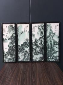 春夏秋冬水墨山水瓷板画四条屏，作者款不 识，实木镶框装裱，单幅尺寸：63*22.5*1.6厘米，保存完好，1000包邮。