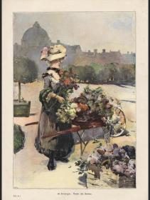 1898年德国钢版画花园里的女孩