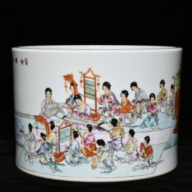 大清乾隆年制粉彩合乐图笔筒 高18.5cm 直径26.5cm