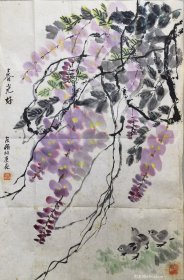 刘友柏，花鸟《紫藤小鸡》