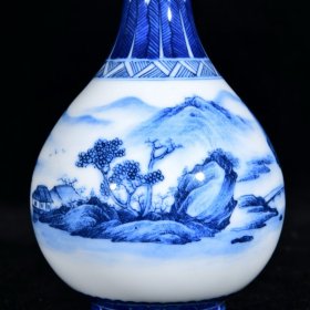 大清雍正年制青花山水纹元明堂款蒜头瓶 高16.3径8厘米2