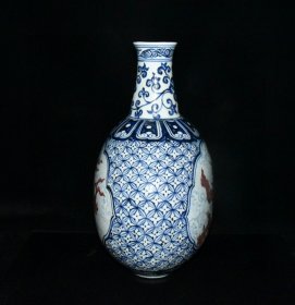 旧藏 明代永乐青花釉里红龙纹扁瓶一对【45×34×23cm】