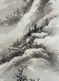 日本近代南画名画山本石庄作品，雪景山水琴条，绢本绫裱，印谱裱具，十分精美，骨质工艺轴头，带木盒128.7*20.4。此件画工精彩，非一般应酬之作，品相佳。盒242