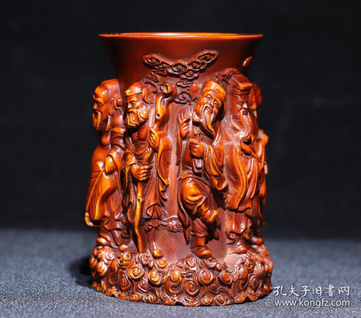 黄杨木精雕八仙笔筒摆件