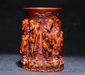 黄杨木精雕八仙笔筒摆件