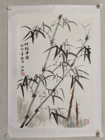 保真书画，山东国画院副院长，德州市美协主席，吴山石《竹报平安》国画佳作69.5×45.5cm，纸本托片。出版原作，提供出版物图片，如图。