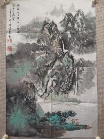 上海著名画家 车鹏飞 山水一幅 自然旧 画工精美 尺寸68x45厘米，保真。