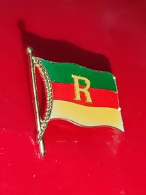 一个老的胸章纪念章徽章，绿红黄三色旗中间一个大写英文字母R