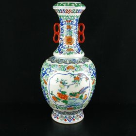 大清乾隆斗彩手绘松鹤延年双耳花瓶