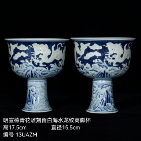 明宣德青花雕刻留白海水龙纹高脚杯