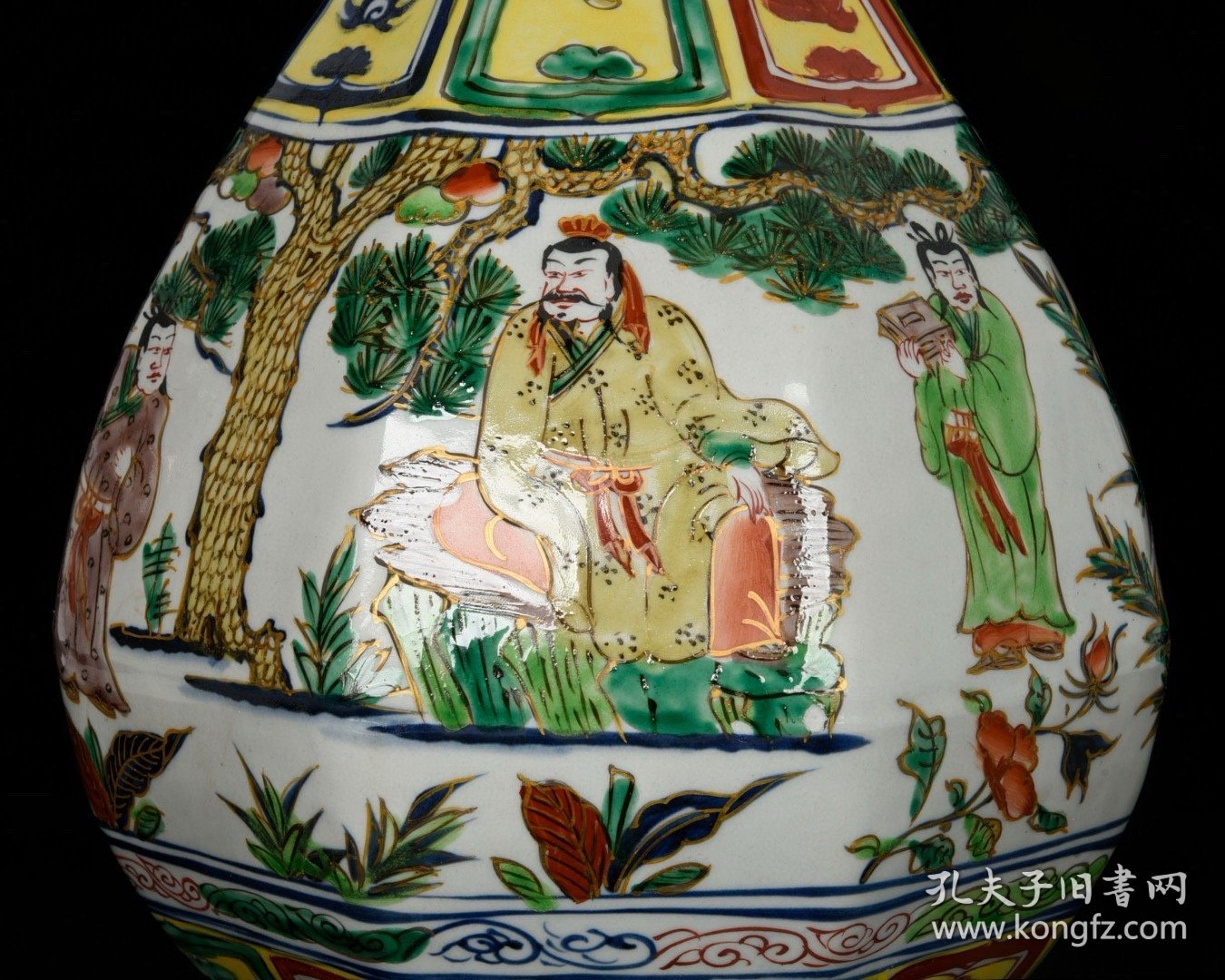 元张文进造古相博陵第款五彩描金三顾茅庐人物故事纹八棱玉壶春瓶 高45cm 直径27cm