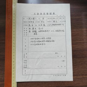 工会会员登记表 段大雄 北京京剧团，中国戏剧家协会等处工作