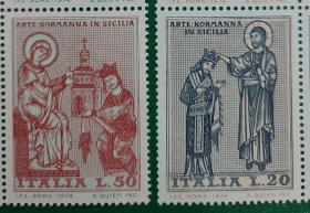 意大利邮票1974年西西里的诺曼底艺术 镶嵌画 2全新