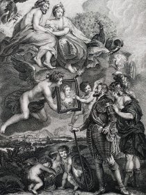 【鲁本斯】约1880年铜版画《亨利四世收到王后肖像以及被爱神解除武装》(HENRY lV DELIBRRE SUR SON FUTUR MARIAGE)--彼得·保罗·鲁本斯（Peter Paul Rubens)“玛丽·德·美第奇”系列作品集--纸张47*31.5cm(画面37*20.5) ，三边刷金，9品