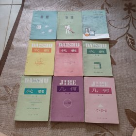 初级中学课本:物理1 2、化学全1、代数1234、几何全2册 品好9册合售（有笔记）