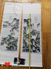 唐寅丝织品2张合售（春游女儿山，茅屋风清）每张102 × 31厘米，中国杭州都锦生丝织厂制。带轴\\\\原盒\\\\难得好品相