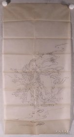 民国 佚名 国画画稿《天女散花图》一幅（纸本软片，94.8 x 48 cm，约4.1平尺），笔线流畅，画工精湛，人物栩栩如生，值得收藏！ 纸张自然泛旧黄，有折痕，局部有黄斑，瑕疵可能有描述不到之处，详请见图。