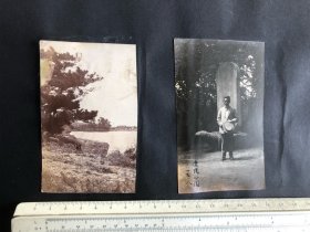 民国1924年辽宁辽阳公园内赑屃前的西装男子等原版老照片3张，另有一张晚清时期蛋白照片。