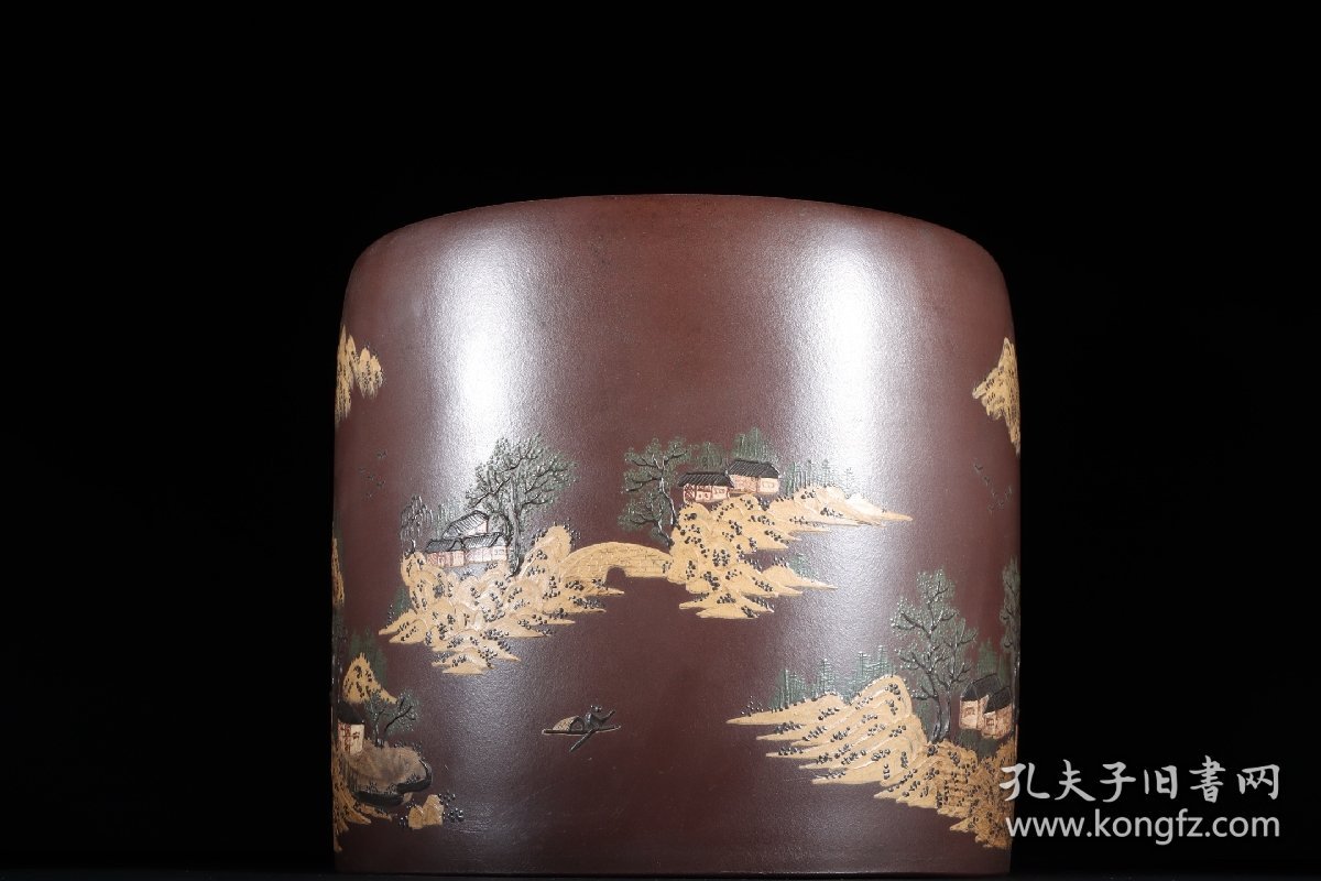 泥绘山水紫砂文房笔斗款识：杨季初 清代高 16.8口径18cm