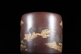 泥绘山水紫砂文房笔斗款识：杨季初 清代高 16.8口径18cm