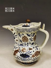 美品.款识“宣德年制”精工细作满工青花釉里红鱼藻纹执壶