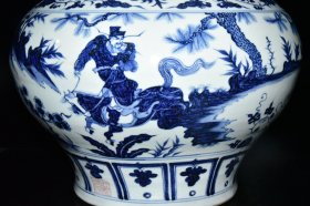 元波斯文青花萧何追韩信人物故事纹荷叶盖罐一对【36×35cm】