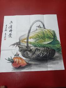 画家高兴，原名:高志亮，实力青年画家，水墨国画萝卜白菜篮子草虫《各有所爱》 约68X68厘米，未裱宣纸画芯   折叠后装信封发货  惠民价