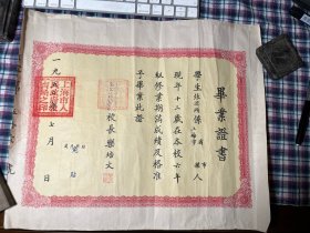 毕业证书 1950年上海市立洋泾区第一中心国民学校