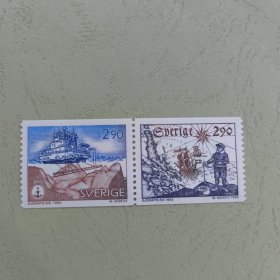S407瑞典邮票1993水文测量地图船舶 马丁莫克雕刻外国邮票 新 2全 联票（票左右排列位置随机）