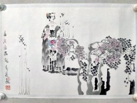 保真书画，刘永杰国画作品人物画《春深杏花乱》一幅，尺寸：46*70纸本托片，刘永杰，西安美术学院国画系教授、博士生导师、西安美院国画系刘永杰工作室主任、中国美术家协会会员、陕西美协副主席、陕西国画院艺术委员会委员。