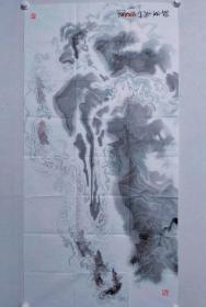 保真书画，著名军旅画家，赵初凡四尺整纸山水画作一幅，尺寸：139*70软片