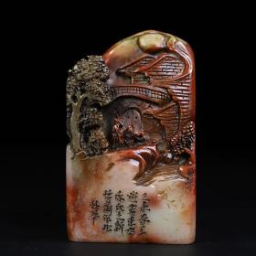 寿山芙蓉石携童访友印章
长6.1厘米，宽6厘米，高11厘米，重831克