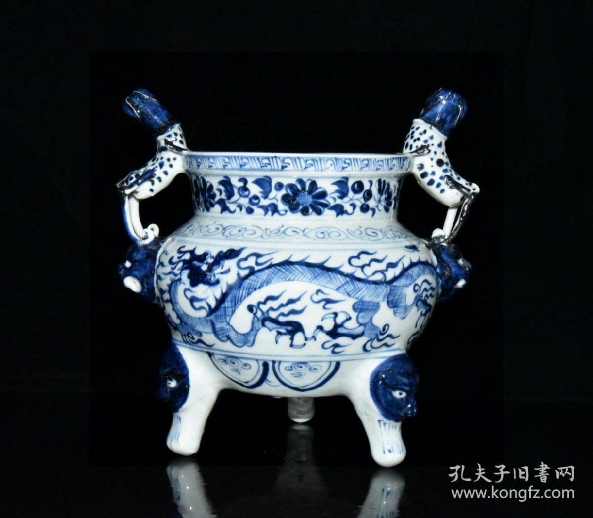 点击查看原图 元青花龙纹兽头香炉    古玩古董老瓷器收藏   21x20