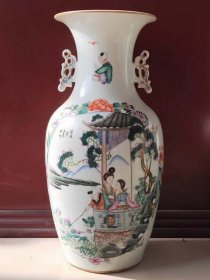 清代手绘人物双耳大花瓶一对 完整漂亮 全品无修 两面画工 人物栩栩如生瓷质细腻 包老包真