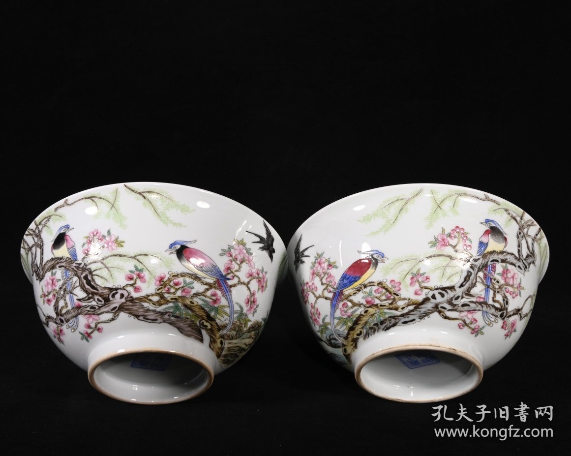 旧藏 清雍正珐琅彩柳树春燕纹碗一对 高7.3×15.5厘米