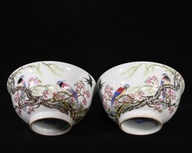 旧藏 清雍正珐琅彩柳树春燕纹碗一对 高7.3×15.5厘米