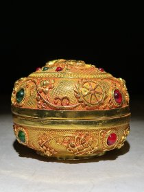 旧藏,银鎏金缠枝莲莲花观音盖罐一只。镶嵌宝石。