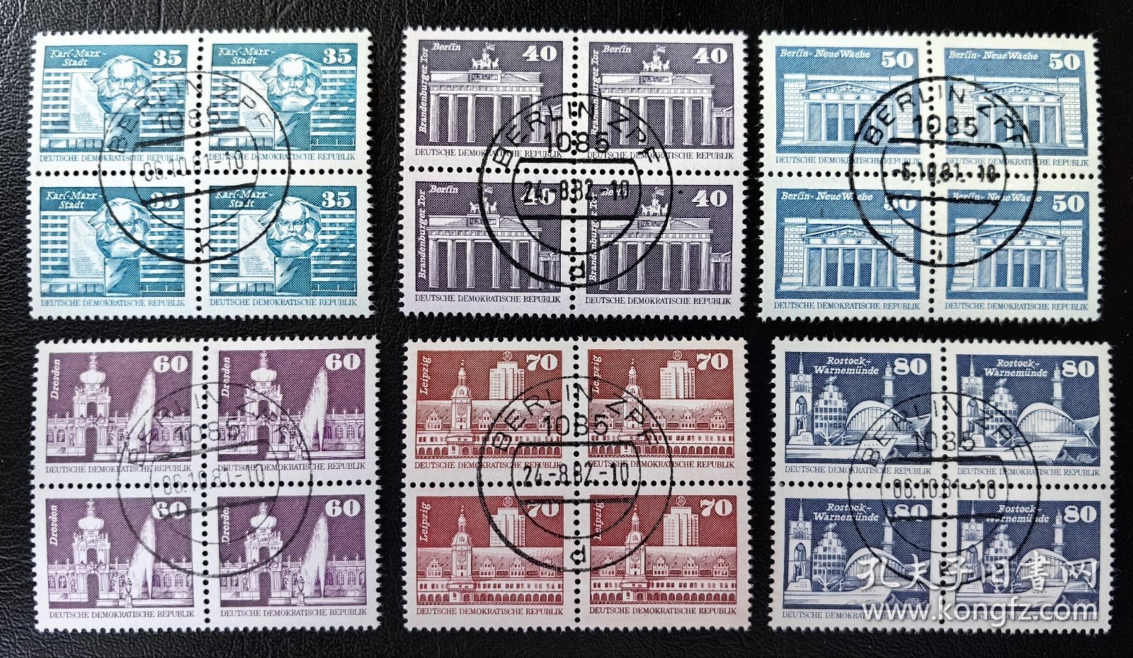 信310德国东德1980-81年上品盖销邮票。4方联15全！建筑风光历史遗迹。柏林动物园、市政厅、渔人岛、马克思纪念碑、勃兰登堡门、苏联二战纪念馆等。2015斯科特目录29.8美元。