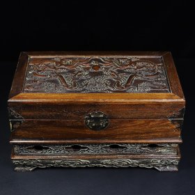 花梨木雕刻带底座双龙戏珠多宝盒收纳盒 长37厘米宽21厘米高20厘米