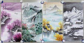 放漏山水画，春夏秋冬，山水画四条屏，余惠敏老师的纯手绘作品。假一赔万，支持第三方鉴定，余老师现为浙江省美协会员，复旦老年大学国画花鸟班讲师，老师的山水画很有意境，皴法点染，笔墨浓淡干湿焦，行云流水。尺寸为35×69公分的山水四条屏，家里客厅，沙发背景墙，玄关，卧室，茶室，书房，办公室都可悬挂，闭眼入，三分画七分裱，非常漂亮的一套四条屏。